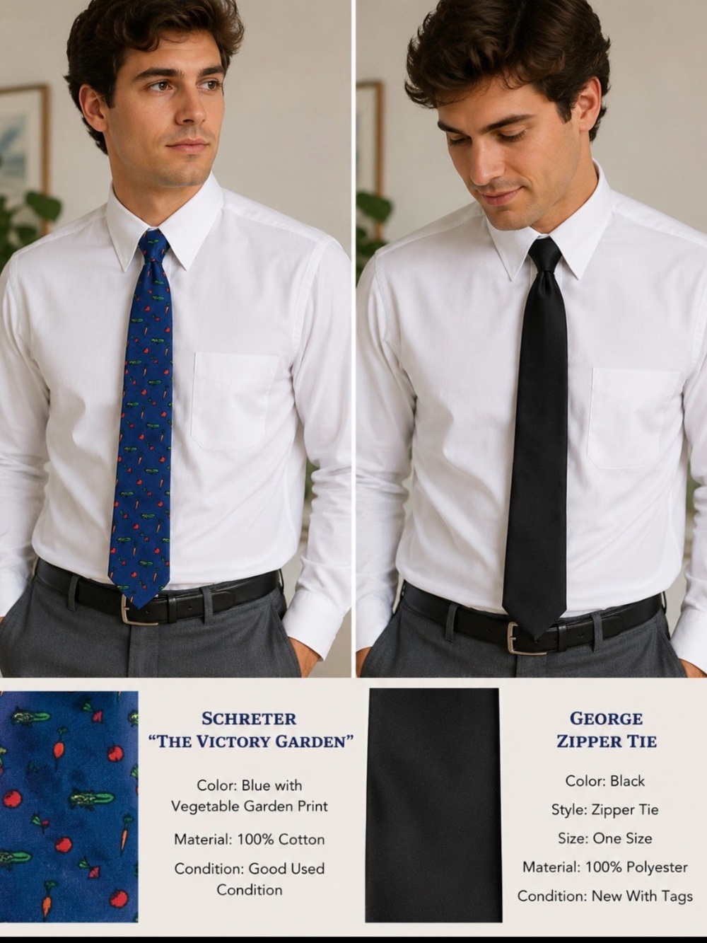 Vintage Tie Bundle Schreter Blue Cotton Tie & George Black Zipper Tie NWT